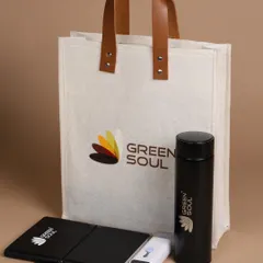 Here’s a complete employee onboarding kit I curated for Green Soul. It includes a branded tote bag, a thermal flask, a notebook and pen, and a handy tech cleaning kit, covering all the essentials for a new team member's first day.