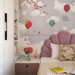 This detail shot shows the bedside table with dusty pink drawers, which perfectly harmonizes with the headboard and the room's overall color palette. Every detail is curated for a cohesive look.