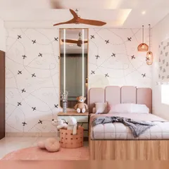 A dreamy kids' room with a travel-themed wallpaper and a soft pink upholstered headboard. The design is serene and playful, creating a perfect environment for a child to grow.