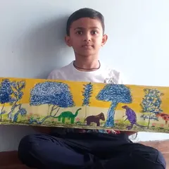 Kiaan, a 2nd standard student, created this panoramic 'Jungle story' using a mix of sketch pens and oil pastels. This long-format drawing encourages narrative thinking and detailed composition.