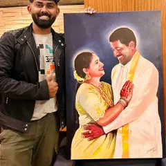 A proud moment with a completed acrylic couple portrait, showcasing the vibrant colors and happy emotions of the subjects.