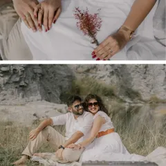 A collage showing a relaxed picnic scene. The top frame captures the intimacy of holding hands, while the bottom frame shows a fun, candid moment with a vintage boombox prop.