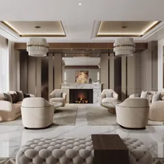 This rendering of a grand living room showcases our ability to handle large, complex spaces. We focus on the symphony of luxury and comfort, balancing statement lighting, a marble fireplace, and plush seating to create a scene that is both magnificent and welcoming.