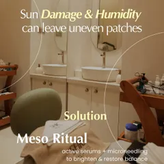 Sun damage and humidity can leave uneven patches on the skin. Our Meso Ritual is the ideal solution, using active serums and microneedling to brighten and restore balance.