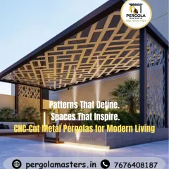 This image showcases a stunning CNC-cut metal pergola, where intricate patterns define the roof and walls. The design offers a unique interplay of light and shade, turning a simple outdoor seating area into an inspiring architectural statement.