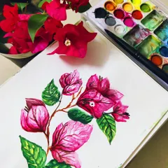 A watercolor painting of Bougainvillea, inspired by the vibrant blooms I see on my walks. The painting is laid out with my watercolor palette, showing the colors used to achieve the delicate, paper-like texture of the bracts.