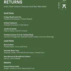 The vegetarian menu from the Petisco, Goa pop-up, featuring creative plates like Grilled Halloumi with a Solkadhi emulsion and Raw Banana & Breadfruit Fritters.