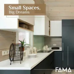 Small spaces, big dreams. This compact L-shaped kitchen uses a two-tone design with white upper cabinets and dark base cabinets to create visual interest and a sense of height, maximizing the feel of the space.