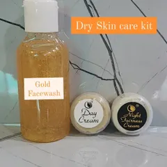 My skincare kit specially designed for dry skin. It includes the hydrating Gold Facewash, a nourishing Day Cream, and my Magic Night Fairness Cream.