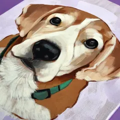 A close-up detail of the acrylic painting of Bruno. You can see the texture of the canvas and the way the layers of paint build up to create depth in his eyes and fur.