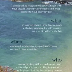 Here are the simple details of the program. It includes what to expect from the 30-45 minute classes, the weekly schedule, and who can benefit, which is truly everyone from beginners to seasoned practitioners.