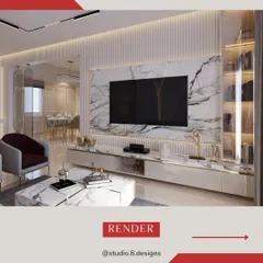 This render details a luxurious living area, focusing on the combination of book-matched marble for the TV unit, vertical fluting, and integrated shelving.