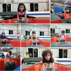 This collage shows our students working on their splits using soft blocks. This is a great way to practice over-splits and improve overall hip flexibility in a safe and controlled manner.