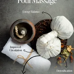 This is a flat lay of the elements used in our Potli Massage. We use a curated blend of Ayurvedic herbs, which are bundled in muslin cloth, heated, and used to balance energy, improve circulation, and aid in detoxification.