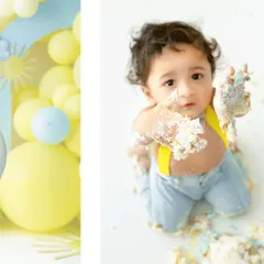 A close up on the delightful mess! Frosting covered hands are a hallmark of a successful cake smash. I love capturing these tactile details that tell the story of their first taste of birthday cake.
