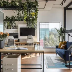 This view highlights the founder's cabin, which includes a small lounge area for informal meetings. The design uses suspended gardens to create a natural, calming canopy over the workspace.