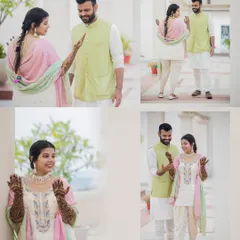A collage of playful and happy moments from a Mehendi ceremony. It shows the couple's fun-loving relationship and the joy of the pre-wedding rituals.