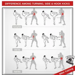 Understanding the mechanics of movement is critical. This technical breakdown illustrates the precise differences between a turning kick, side kick, and hook kick. My coaching emphasizes mastering these details for effective self defense and combat sport application.