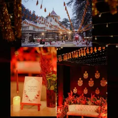 A collage of the rich, royal decor from a Qawali night. The deep red and gold theme, along with candles and traditional motifs, created a truly majestic atmosphere.