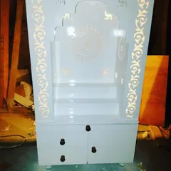 The same mandir design, but this time with integrated backlighting. The warm light shines through the CNC cuts, creating a divine and peaceful ambiance.