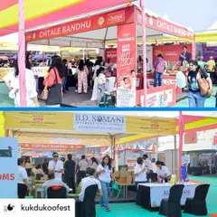 This collage from the Kukdukoo Fest in Mumbai shows the variety of stalls and activities my infrastructure supports. I provide the basic framework of pagoda tents and tables that brands can then customize.
