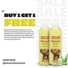 A fantastic Buy 1 Get 1 Free offer on Beaphar Brown Coat shampoo. This premium formula with aloe vera is designed to moisturize the skin and add shine and volume to your dog's coat.