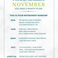 With two months to go before the wedding, we enter the refinement window. This is an ideal time to boost skin hydration with calming facials and IVs, ensuring your skin is plump and radiant.