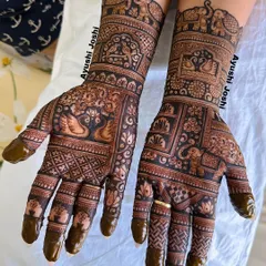 Intricate Karva Chauth henna magic, with hands full of traditional motifs like swans, elephants, and parrots.
