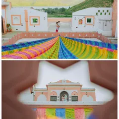 A creative shot using colorful Rajasthani dupattas to frame a pre-wedding moment, showcasing how I incorporate local culture and color into my films.