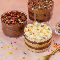My collection of Old School Cake Tubs, perfect for when you want that nostalgic birthday cake flavor without committing to a whole cake. They are layered with cake, frosting, and lots of sprinkles.