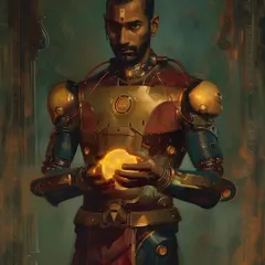 A Yuntryodhā holding a glowing orb of energy. This image hints at the magical or technological powers of the characters, a key element in developing lore and gameplay mechanics.