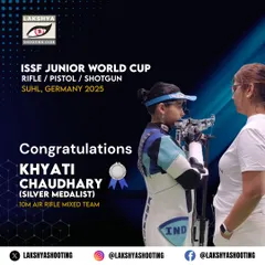 Our promising athlete Khyati Chaudhary seen with coach Suma Shirur after winning a silver medal in the 10m Air Rifle Mixed Team event at the ISSF Junior World Cup in Suhl, Germany. This highlights our focus on nurturing talent for global competitions.