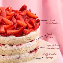 A closer look at the layers of our Strawberry Bliss Cake. You can see the fluffy vanilla sponge, fresh cream, and layers of sliced strawberries that make it so popular.