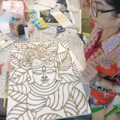 A work in progress, this student is creating a beautiful Krishna artwork using jute rope for the outlines, an interesting mixed-media technique.