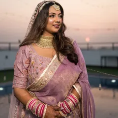 The golden hour glow hits differently when you're a bride. Nitika looks absolutely radiant in this sunset portrait by the pool.