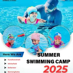 Another promotional graphic for our 2025 Summer Swimming Camp, showcasing happy swimmers and listing our various locations. Our camps are popular, so we encourage early booking.