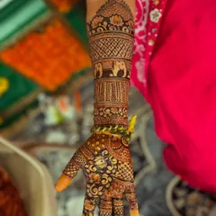 A single-arm view of a traditional Hindu bridal design, featuring elephant motifs and a temple-style dome pattern.