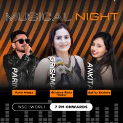 A poster for a "Musical Night" at NSCI Worli, where I performed alongside other talented artists. I am experienced in collaborative shows and multi-performer events.