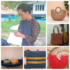 This image honors the talented women artisans behind our handcrafted bags and baskets. It shows a woman from our artisan community alongside a collage of the beautiful jute, seagrass, and kauna grass products they create, celebrating their skill and empowerment.