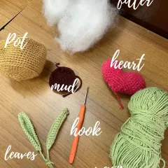 Here are the essentials for making a crochet heart pot. It all starts with simple materials like yarn, a hook, and some filler, which I transform into something beautiful.