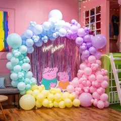 I love bringing cartoon worlds to life! This Peppa Pig theme features a custom pastel balloon arch and character cutouts for a fully immersive experience.