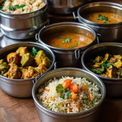 This is how I deliver daily comfort to your doorstep. Our meals are packed in hygienic and reusable steel tiffins, ensuring your food stays fresh and warm. This spread includes a vegetable pulao, a dry sabzi, and two different home-style curries.
