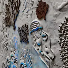 A close-up of the finished coral wall. You can see the different layers and shapes, from delicate sea fans to brain corals and jellyfish. The three-dimensional quality of the piece was meant to draw people in and make the issue of coral bleaching feel more tangible and real.