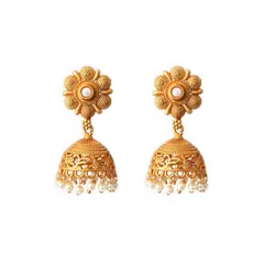 This product image showcases traditional jhumka earrings with white pearl details against a white background, perfect for clear and concise representation on Amazon or Flipkart.