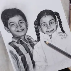 A closer look at the finished graphite sketch where I merged two separate childhood photos. The challenge was to make them look like they were always in the same picture, and I'm so happy with the result.