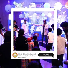 A space-themed birthday party in full swing! With planets and rockets decorating the venue, our Nutty Professor leads an interactive science show for a crowd of excited young astronauts.