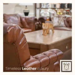 This image captures the essence of my leather furniture. The focus is on the rich texture and deep comfort of the tufted brown leather armchair, a piece built to last and gain character over time.
