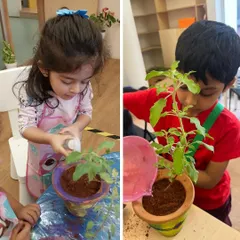 A split image showing children watering their newly potted plants. This teaches them about the responsibility of caring for a living thing.
