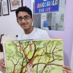 This detailed watercolor of a banyan tree showcases the student's ability to render complex textures and forms, a skill developed through our guided drawing and painting classes.
