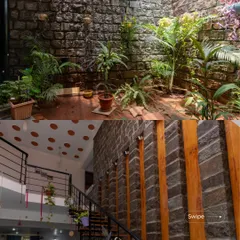 A collage showcasing the use of natural materials at the Gifty Residence. The raw texture of the stone walls, the warmth of the wood-paneled staircase, and the lush greenery of the indoor courtyard all come together to create a biophilic design.